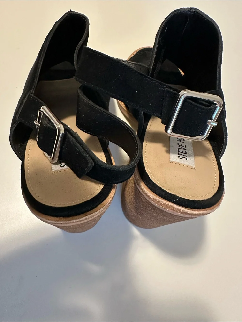 Steven Madden Black Suede Peep Toe Slingback Heels | Wood Block Heels | - Picture 6 of 14
